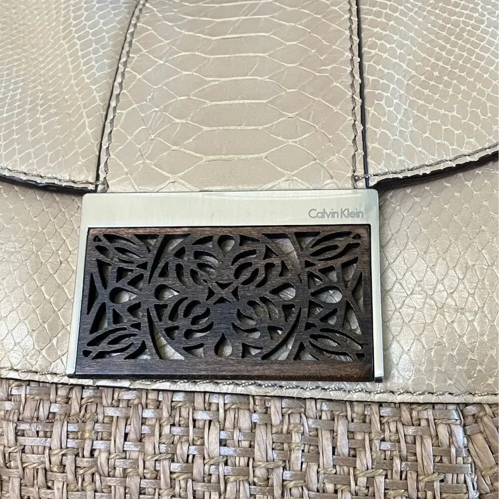 Calvin Klein Snakeskin Print Woven Hobo Bag Beige and Tan